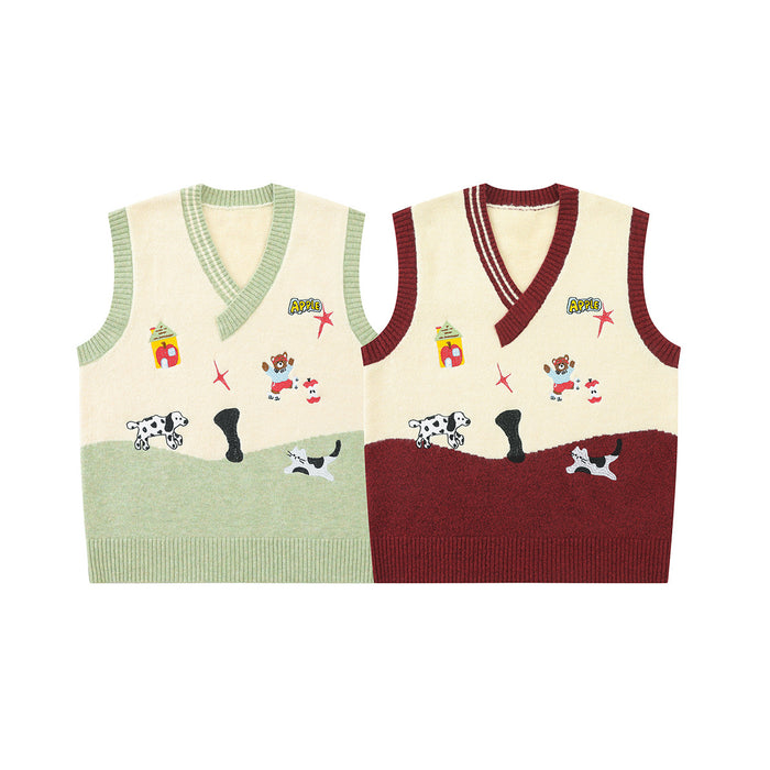 Two V-neck knit sweater vests shown from the front in cream and green or burgundy colorblock designs