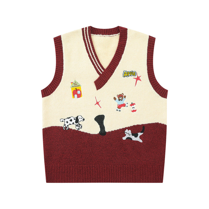Front view of the cream and burgundy knit sweater vest with embroidered cartoon motifs and striped V-neck trim