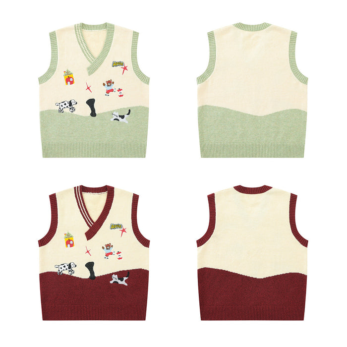 Front and back views of cream, sage green, and burgundy cartoon embroidered knit sweater vests