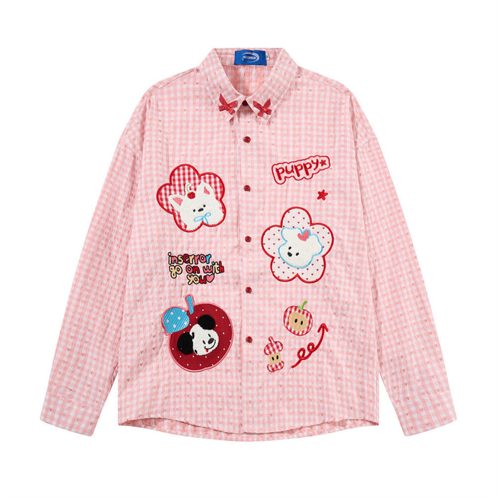 Relaxed-fit gingham long sleeve shirt with cartoon puppy and floral appliqué patches in pink, front view