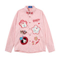 Relaxed-fit gingham long sleeve shirt with cartoon puppy and floral appliqué patches in pink, front view
