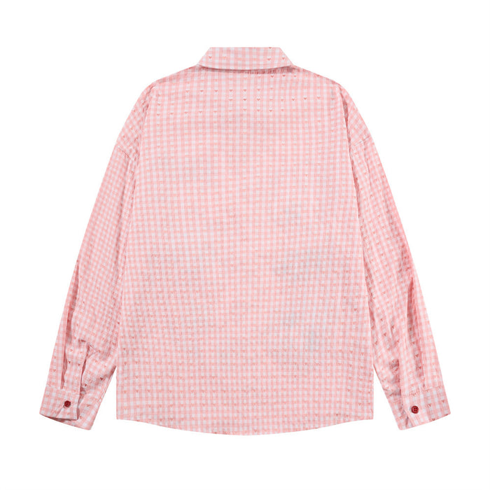 Back view of the pink gingham long sleeve shirt showing its plain checked fabric and collared design