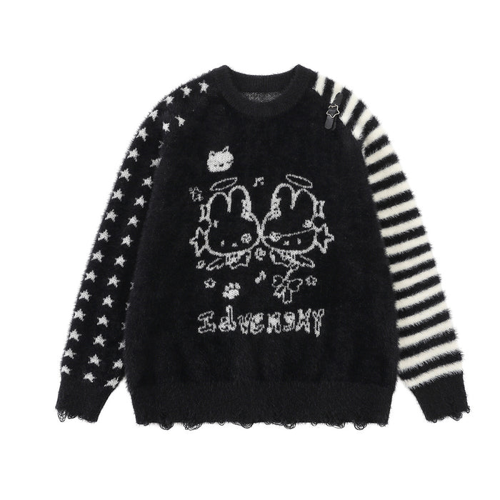 Black fuzzy knit sweater front with twin bunny graphic, text design, star-patterned sleeve, and striped sleeve