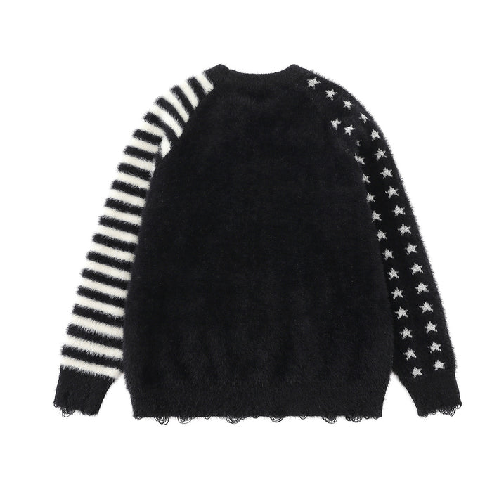 Back view of the black fuzzy sweater with contrasting striped and star-patterned sleeves