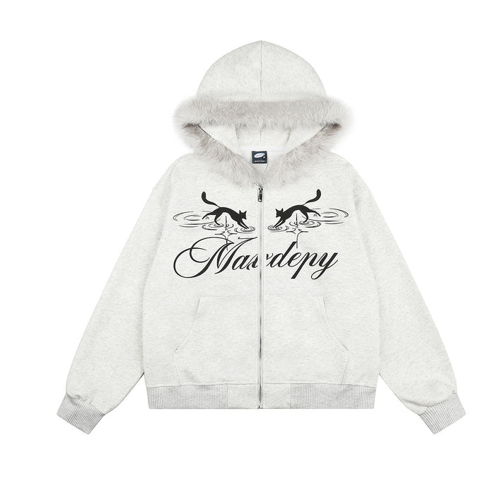 Heather grey zip-up hoodie with mirrored black cat graphic and faux fur trim hood, front and back view