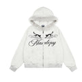 Heather grey zip-up hoodie with mirrored black cat graphic and faux fur trim hood, front and back view