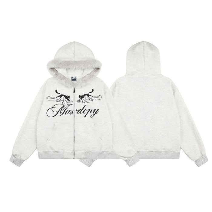 Light gray zip-up hoodie shown front and back, with faux fur-trimmed hood and black cat graphic on the front