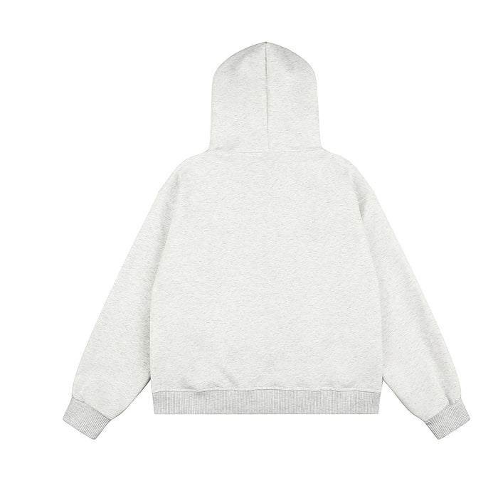 Back view of a light gray zip-up hoodie with hood, long sleeves, ribbed hem, and ribbed cuffs