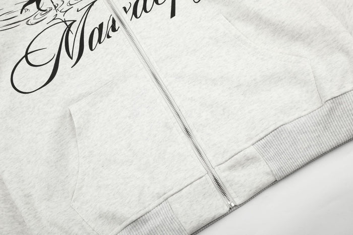 Lower front detail of the light gray hoodie showing the zipper, kangaroo pocket seam, and ribbed waistband
