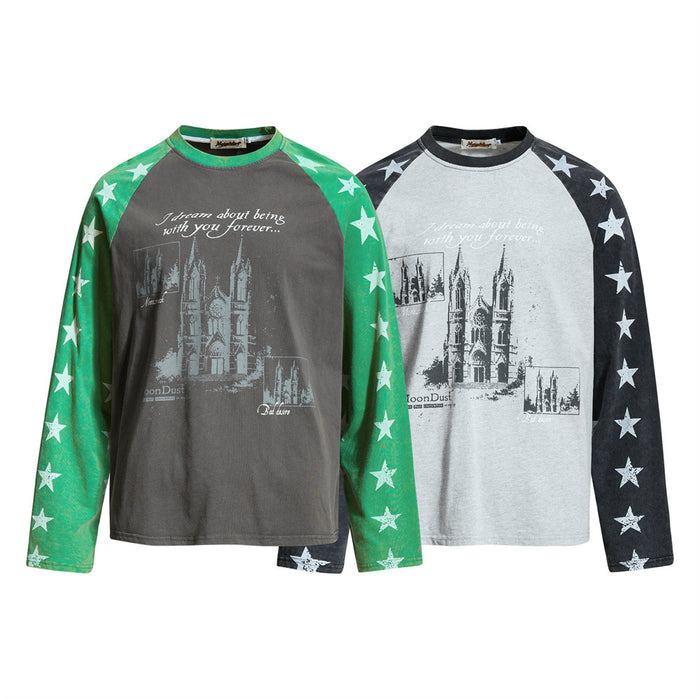 Two raglan long sleeve tees with cathedral graphic and star-print sleeves in green and black