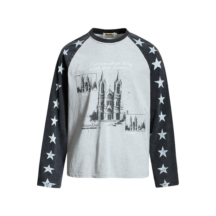 Oversized raglan long sleeve tee with cathedral graphic print and star-pattern contrast sleeves in grey and green colorway