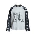 Oversized raglan long sleeve tee with cathedral graphic print and star-pattern contrast sleeves in grey and green colorway