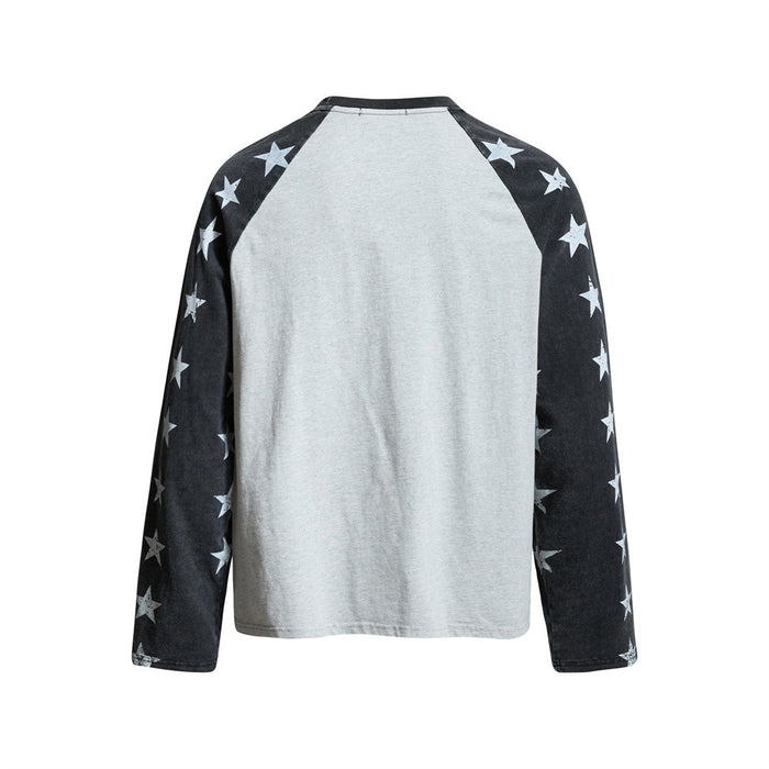 Back view of gray raglan long sleeve tee with black star-print sleeves
