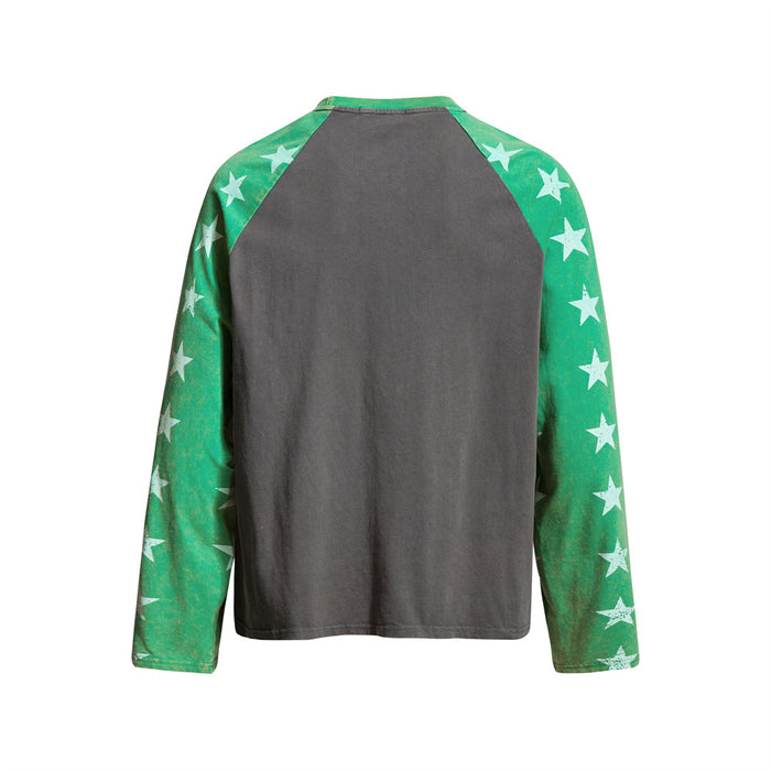 Back view of dark gray raglan long sleeve tee with green star-print sleeves