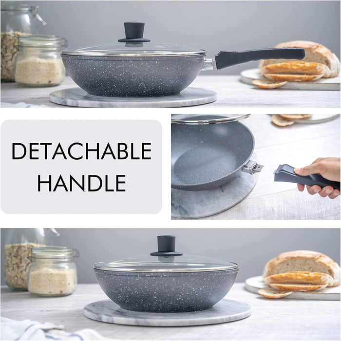 28cm granite induction base wok with lid & detachable handle for ease of use and cooking.
