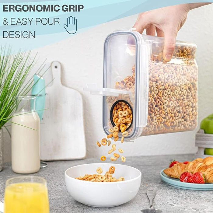 Cereal storage container with ergonomic grip and easy pour design for easy home storage