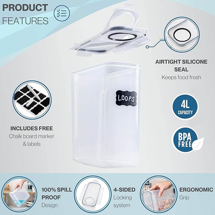 Product features of cereal storage container with spill-proof design, airtight silicone seal and free chalk and label.