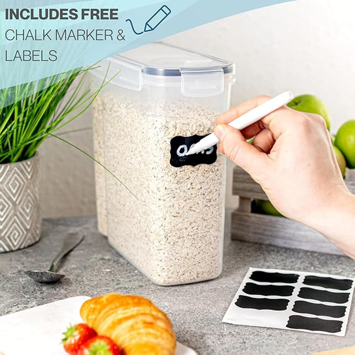 The nuovva cereal storage container includes free chalk marker and labels for easy home organization