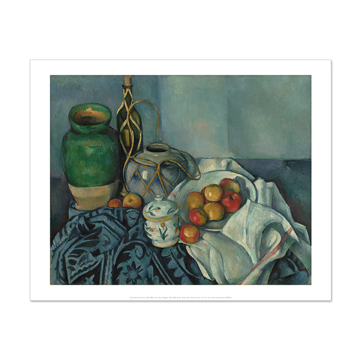 A poster reproduction of Paul Cézanne's painting 'Still Life with Apples' depicting a green vase, bottles, cloth, and apples arranged on a table.