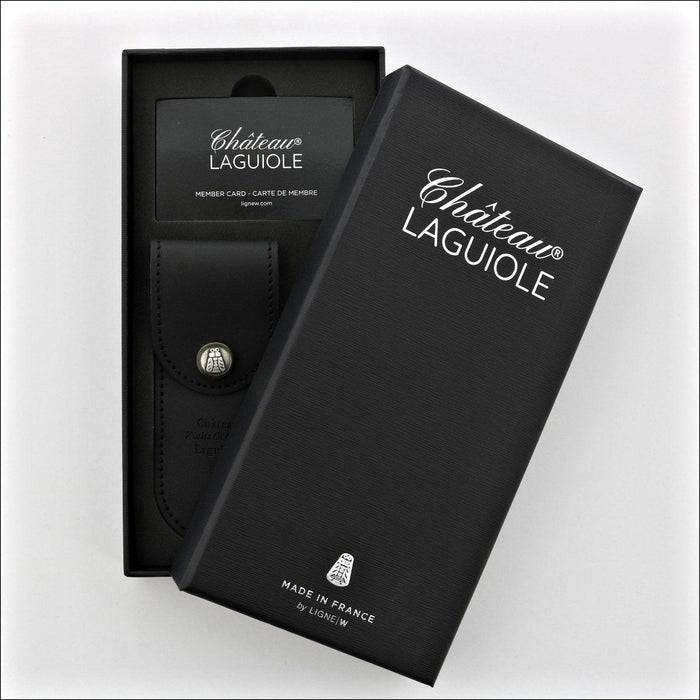 Chateau Laguiole Classic Red Stamina Corkscrew, open black gift box with member card and leather pouch. Handcrafted details, 100% Made in France.