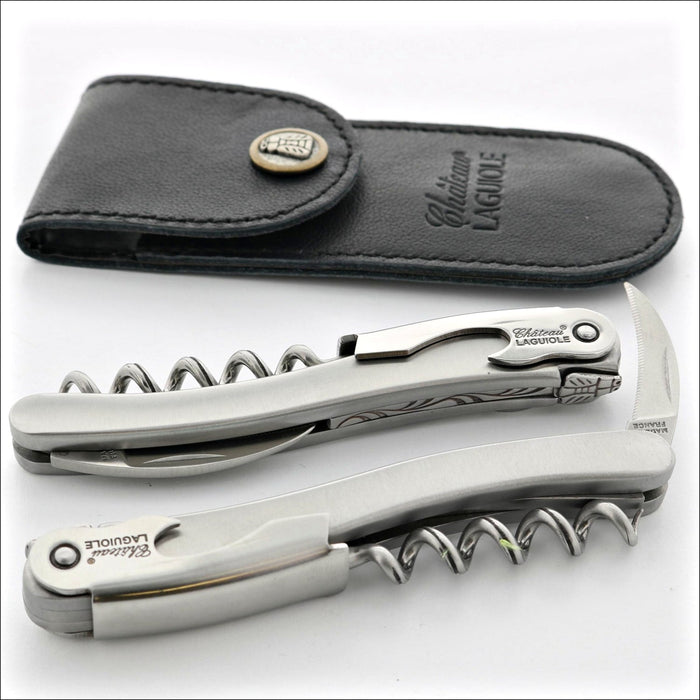 Chateau Laguiole Classic Stainless Steel Corkscrew, top-down view. Handcrafted details, 100% Made in France.