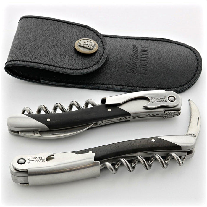 Chateau Laguiole Grand Cru Ebony Corkscrew, top-down view of two corkscrews and a black leather pouch. Handcrafted details, 100% Made in France.