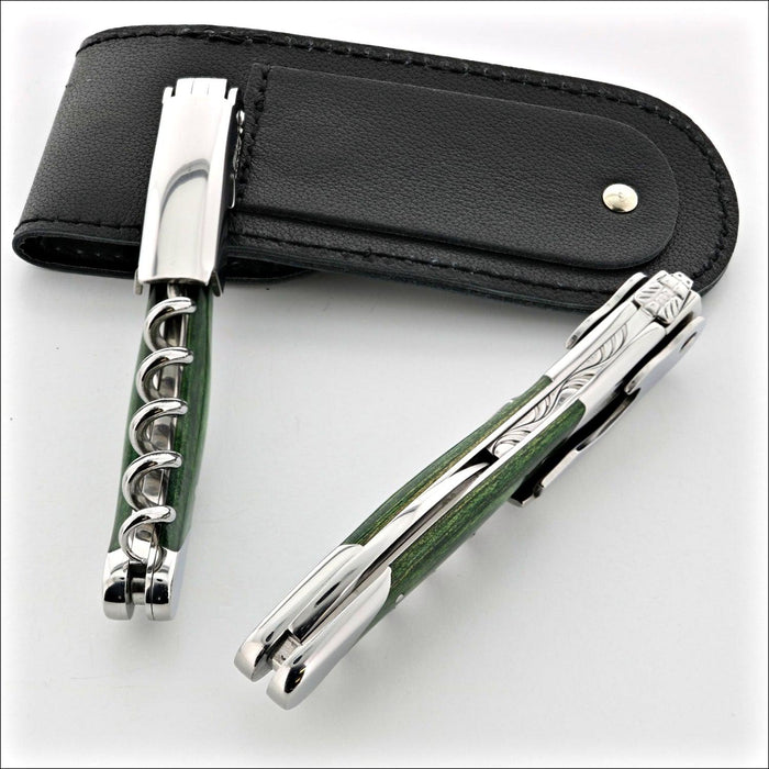 Chateau Laguiole Grand Cru Green Stamina Corkscrew, top-down view. Handcrafted details, 100% Made in France.