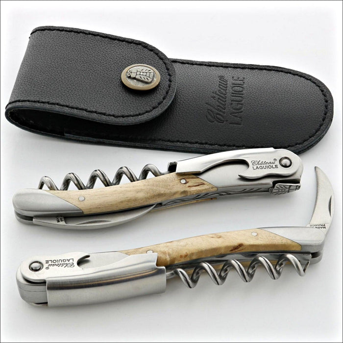 Chateau Laguiole Grand Cru Karelian Birch corkscrew, top-down view of two corkscrews and black leather pouch. Handcrafted details, 100% Made in France.
