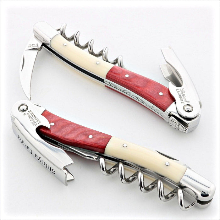Chateau Laguiole Shinya Tasaki corkscrews, side view. Red wood and ivory handles. Handcrafted details, 100% Made in France.