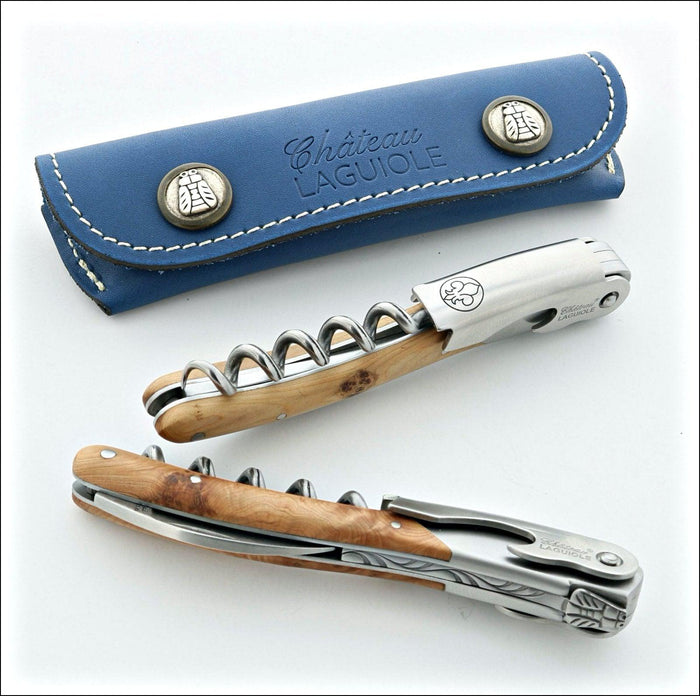 Chateau Laguiole Versailles Series corkscrew, juniper wood handle detail, blue leather case. Handcrafted details, 100% Made in France.