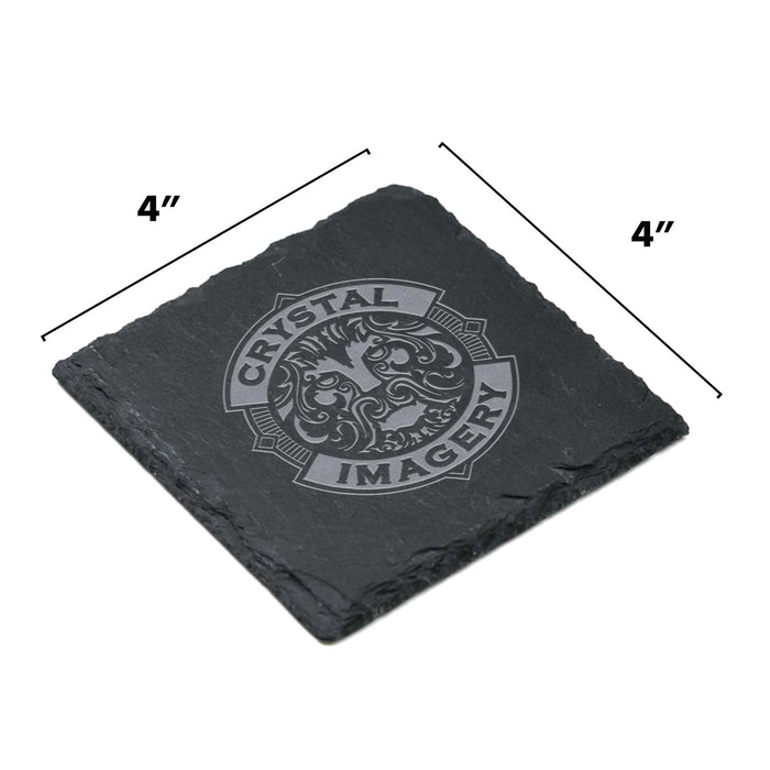 Size guide: a single 4-inch square slate coaster deep-carved with a sample Crystal Imagery crest.