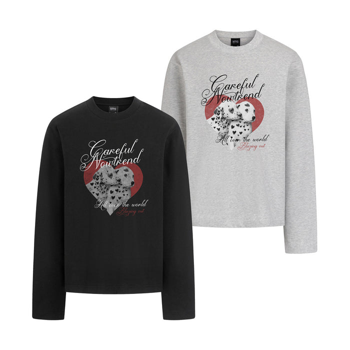 Black and light gray long sleeve shirts with spotted puppy heart graphics and script lettering