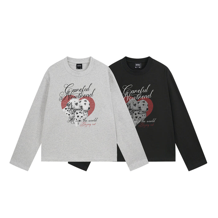 Oversized long sleeve graphic tee with Dalmatian puppy heart print in black and light heather grey