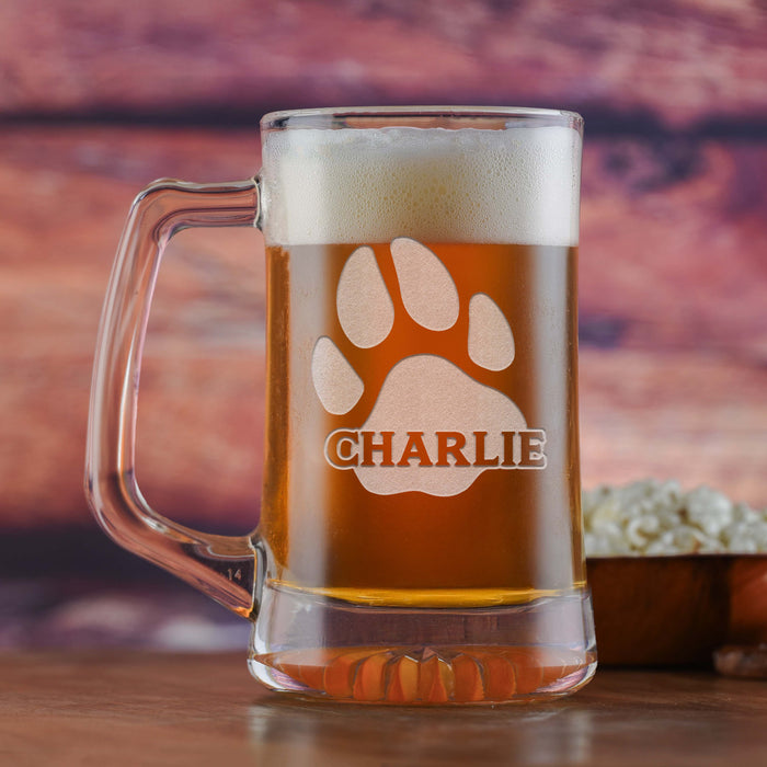 Dogs Name & Paw Print On Beer Mug - Dog Lover Gifts
