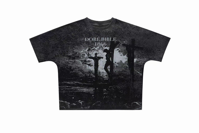 Vintage black graphic tee with Doré Bible 1866 crucifixion artwork and distressed washed texture