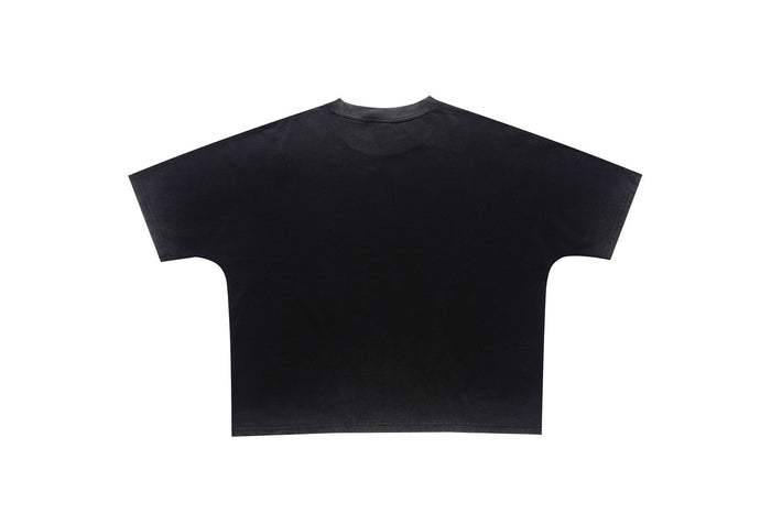 Black vintage washed graphic tee with a loose fit and blank back view on a white background