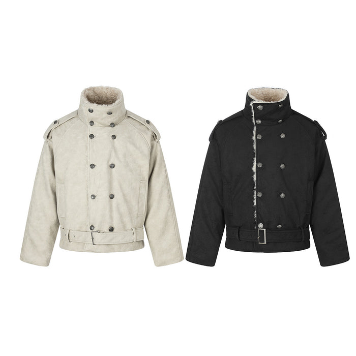 Cream and black double-breasted padded jackets with shearling-lined collars and waist belts