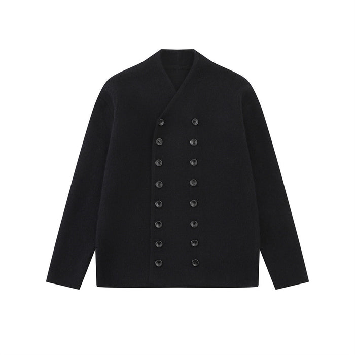 Men's double-breasted V-neck knit cardigan in black with two rows of buttons and relaxed boxy fit