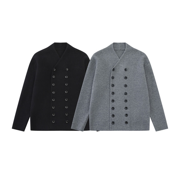 Front view of black and gray knit cardigans with V-necks, long sleeves, and double rows of buttons