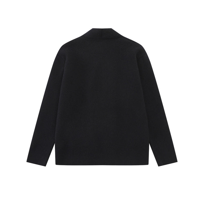 Back view of a black knit cardigan with a short stand collar, long sleeves, and smooth plain back