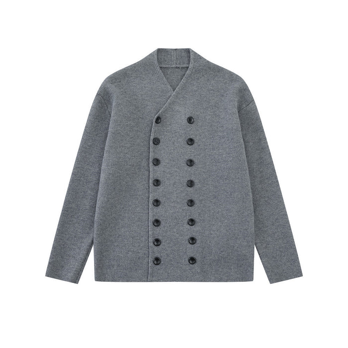 Front view of a gray knit cardigan with a V-neck, long sleeves, and two rows of dark buttons
