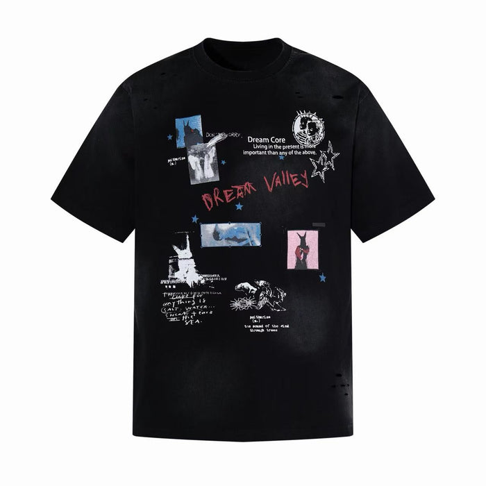Black oversized T-shirt with distressed dreamcore collage graphics, stars, and mixed text prints on the front
