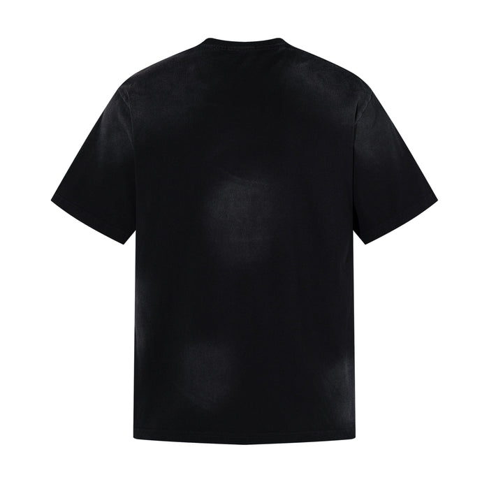 Black oversized T-shirt with a faded distressed graphic print and relaxed short sleeves on a plain white background