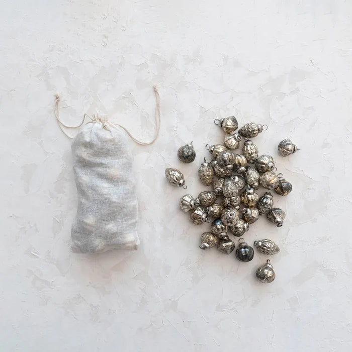 Embossed Mercury Glass Ornaments in Muslin Bag, Set of 36