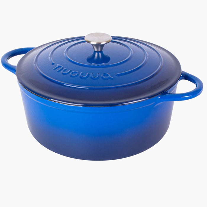 Nuovva dark blue cast iron Dutch oven with lid and silver metal knob