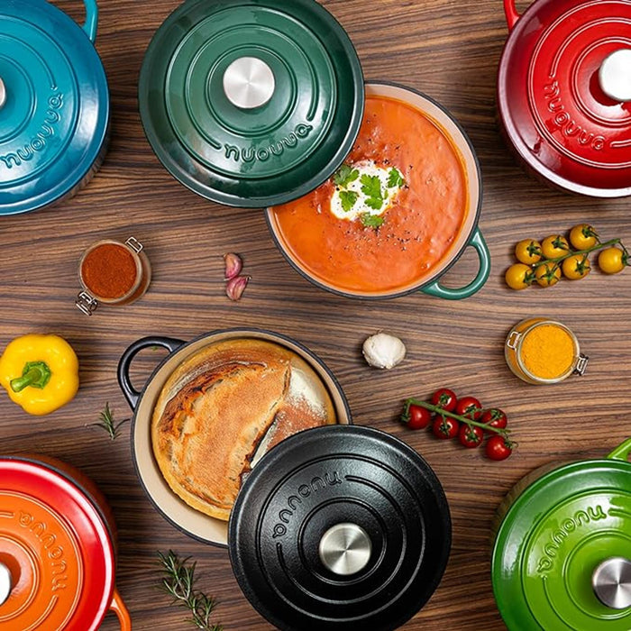 Nuovva cast iron Dutch oven with pots in beautiful colours for cookware gifting.