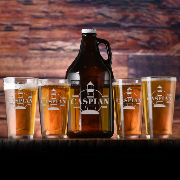 Engraved Nautical, Lighthouse Beer Growler, Pint Glass Gift Set