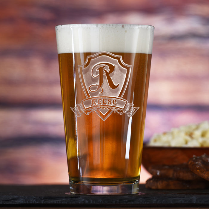 Engraved, Personalized Shield Pub Glass