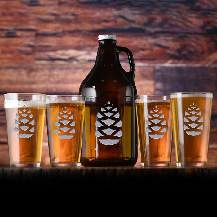 Engraved Pinecone Beer Growler Pint Glass Gift Set