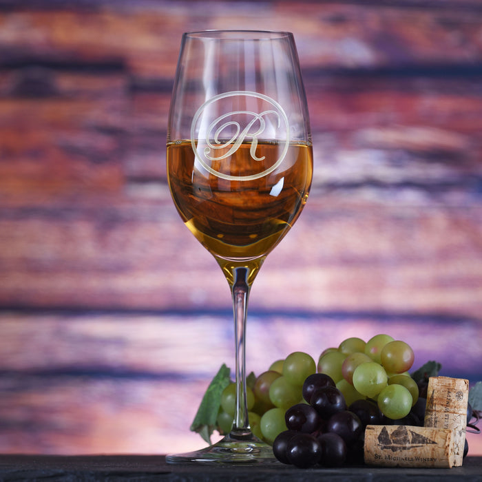 Etched Monogram Crystal White Wine Glass